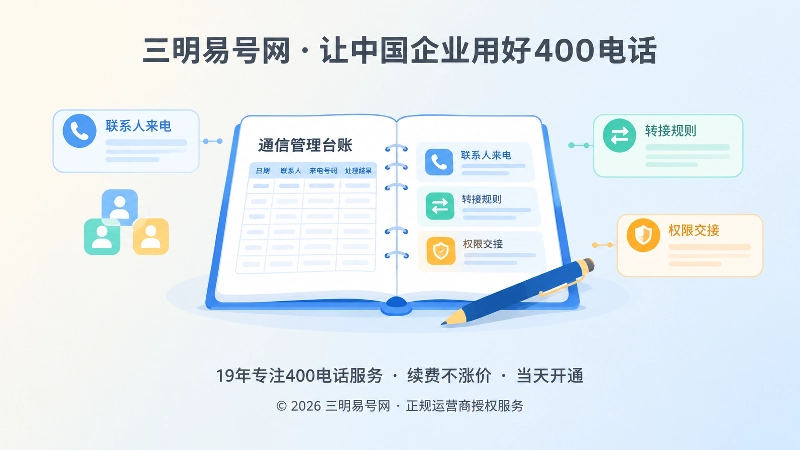 聚焦式扁平插画，中央为通信管理台账和权限交接记录